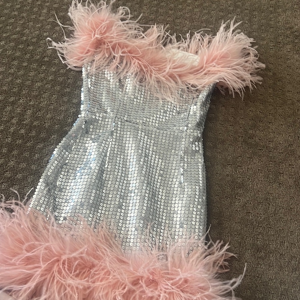 New Arrivals sequin and feather dress